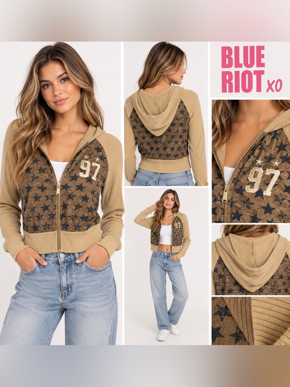 Blue Riot XO Limited Edition Star Print Cropped Zip Hoodie S NWT